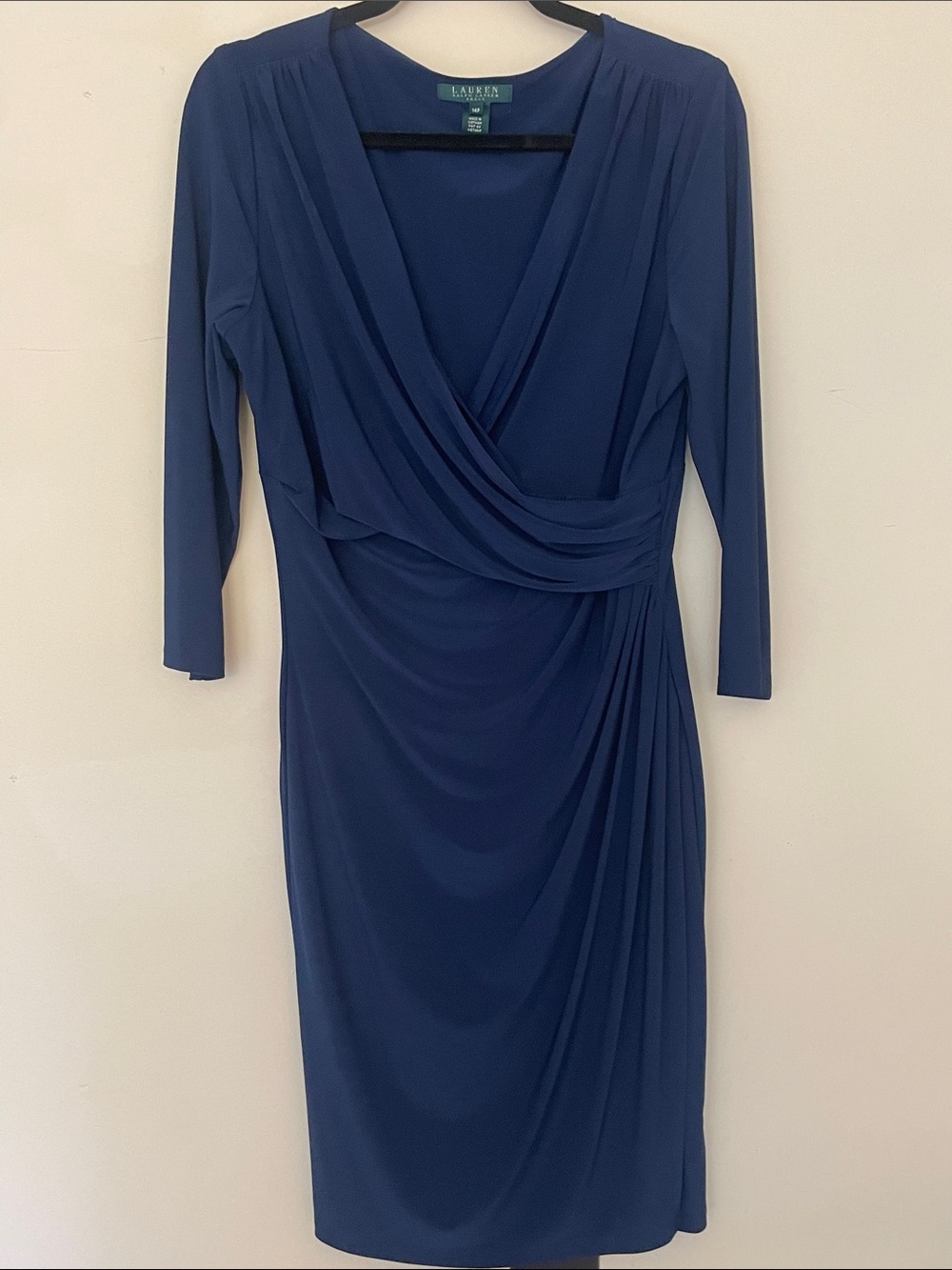 Lauren Ralph Lauren Deep Blue Faux-Wrap 3/4 Sleeve Sheath Dress